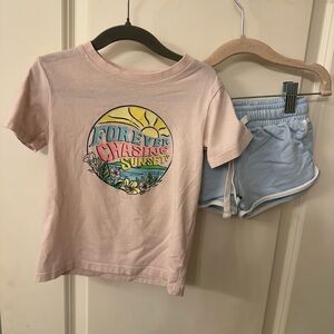 Ruffle Butts 3T Pink Graphic Tee and 5Y (fit like 3) Sweet Honey Blue Shorts Set
